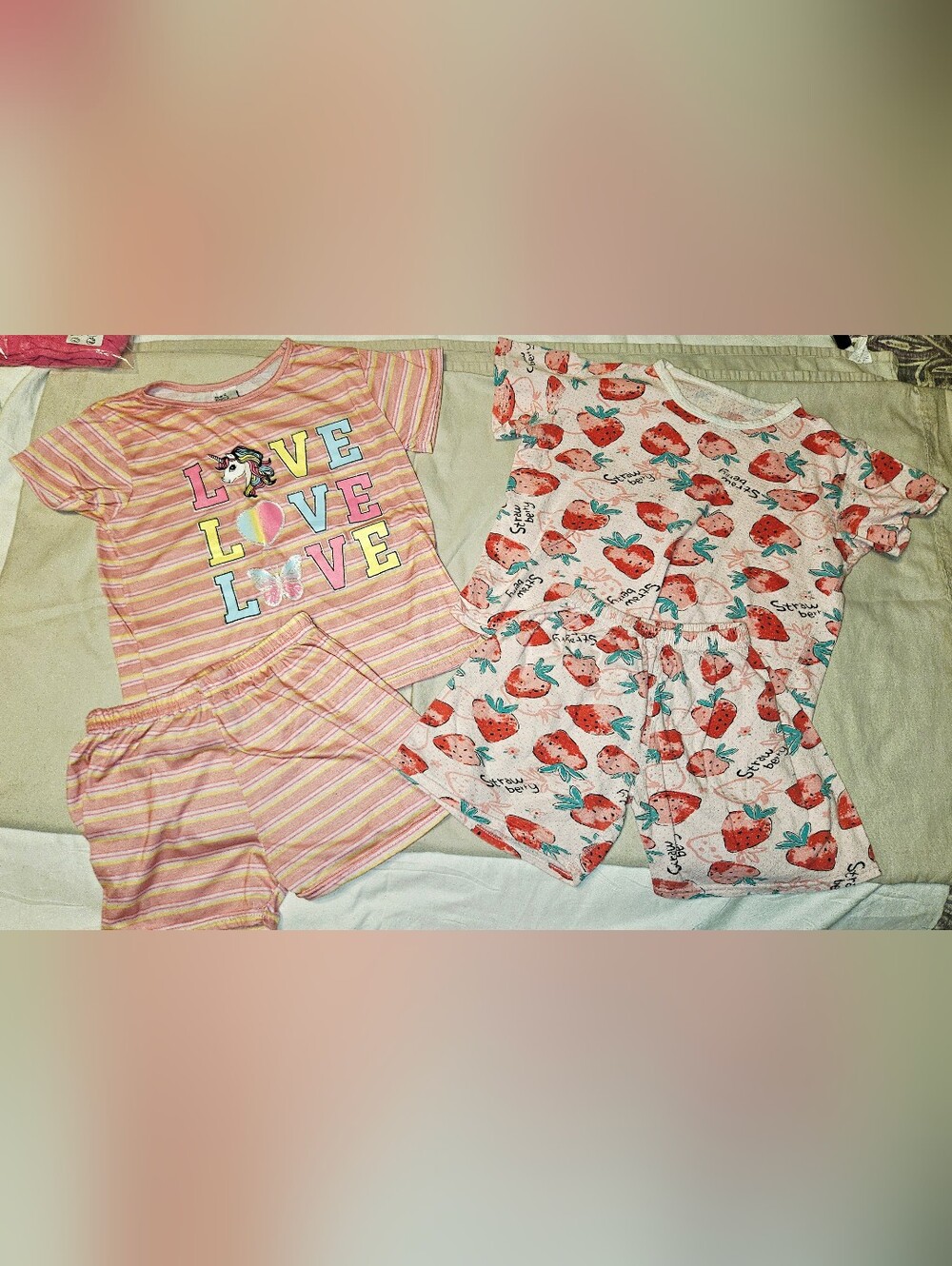 Lot of 2 Girls Size 10-12 Pajama Sets | Unicorn Love Stripe + Strawberry Print